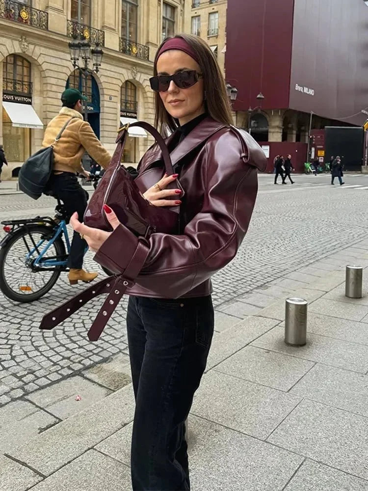 Elegant Burgundy Leather Jacket for Women with Notch Collar Long Sleeve Oversized Belted Moto Style