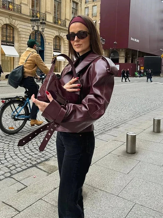 Elegant Burgundy Leather Jacket for Women with Notch Collar Long Sleeve Oversized Belted Moto Style