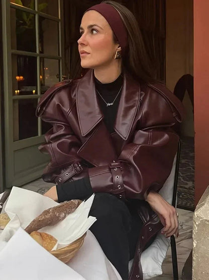 Elegant Burgundy Leather Jacket for Women with Notch Collar Long Sleeve Oversized Belted Moto Style