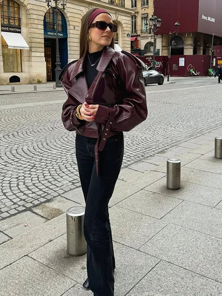 Elegant Burgundy Leather Jacket for Women with Notch Collar Long Sleeve Oversized Belted Moto Style