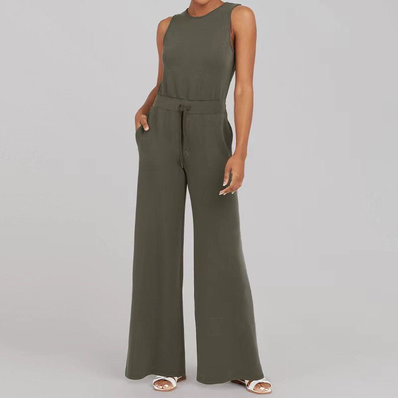 Effortless Ribbed Knit Wide Leg Set for Women with Round Neck Sleeveless Drawstring Relaxed Two Piece Style