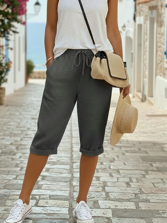 Effortless Linen Capri Pants for Women with High Waist Drawstring Cuffed Hem Casual Style