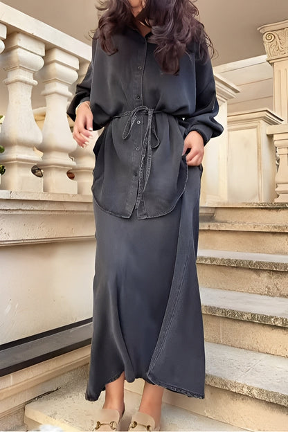 Effortless Satin Two Piece Set for Women with Collar Long Sleeve Button Front Tie Waist Relaxed Style