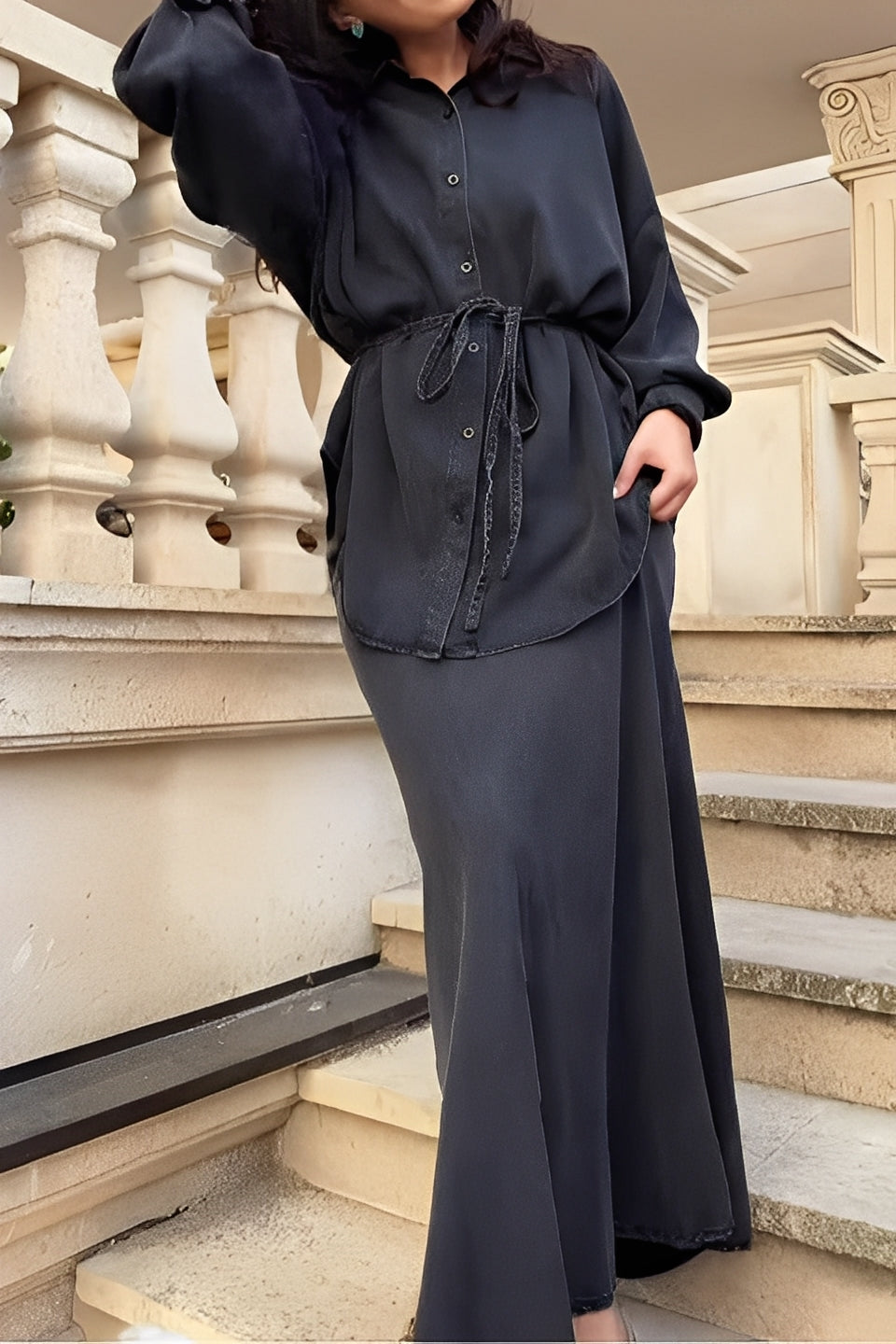 Effortless Satin Two Piece Set for Women with Collar Long Sleeve Button Front Tie Waist Relaxed Style