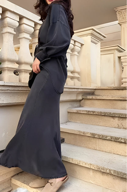 Effortless Satin Two Piece Set for Women with Collar Long Sleeve Button Front Tie Waist Relaxed Style