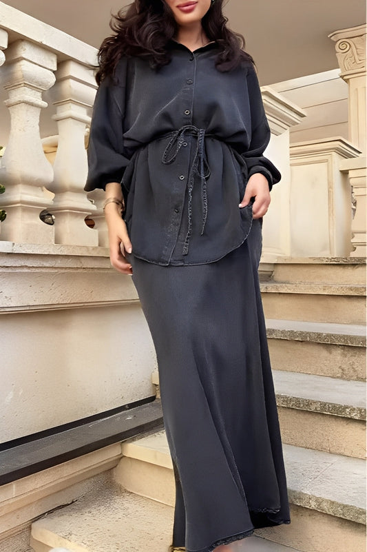 Effortless Satin Two Piece Set for Women with Collar Long Sleeve Button Front Tie Waist Relaxed Style