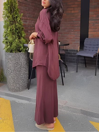 Effortless Satin Two Piece Set for Women with Collar Long Sleeve Button Front Tie Waist Relaxed Style