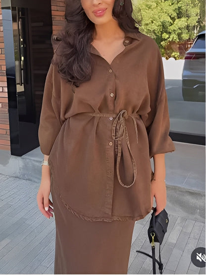 Effortless Satin Two Piece Set for Women with Collar Long Sleeve Button Front Tie Waist Relaxed Style