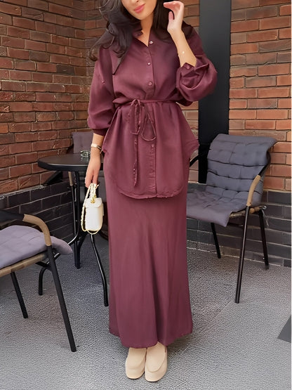 Effortless Satin Two Piece Set for Women with Collar Long Sleeve Button Front Tie Waist Relaxed Style