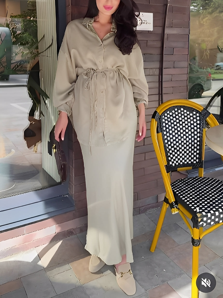 Effortless Satin Two Piece Set for Women with Collar Long Sleeve Button Front Tie Waist Relaxed Style