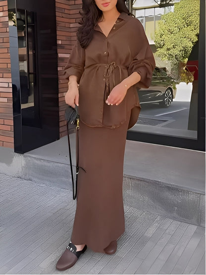 Effortless Satin Two Piece Set for Women with Collar Long Sleeve Button Front Tie Waist Relaxed Style