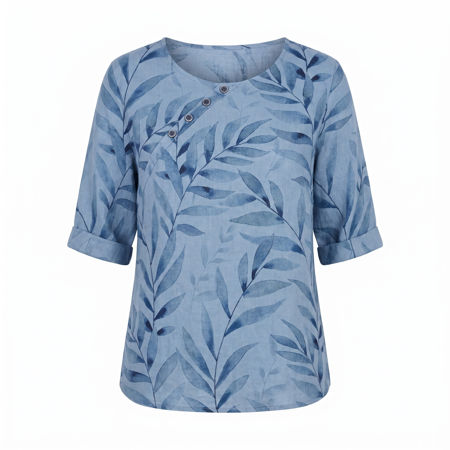 Effortless Leaf Print Linen Blouse for Women with Round Neck Elbow Sleeve Button Placket Relaxed Style