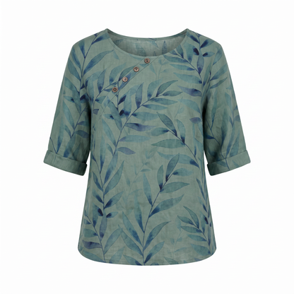 Effortless Leaf Print Linen Blouse for Women with Round Neck Elbow Sleeve Button Placket Relaxed Style