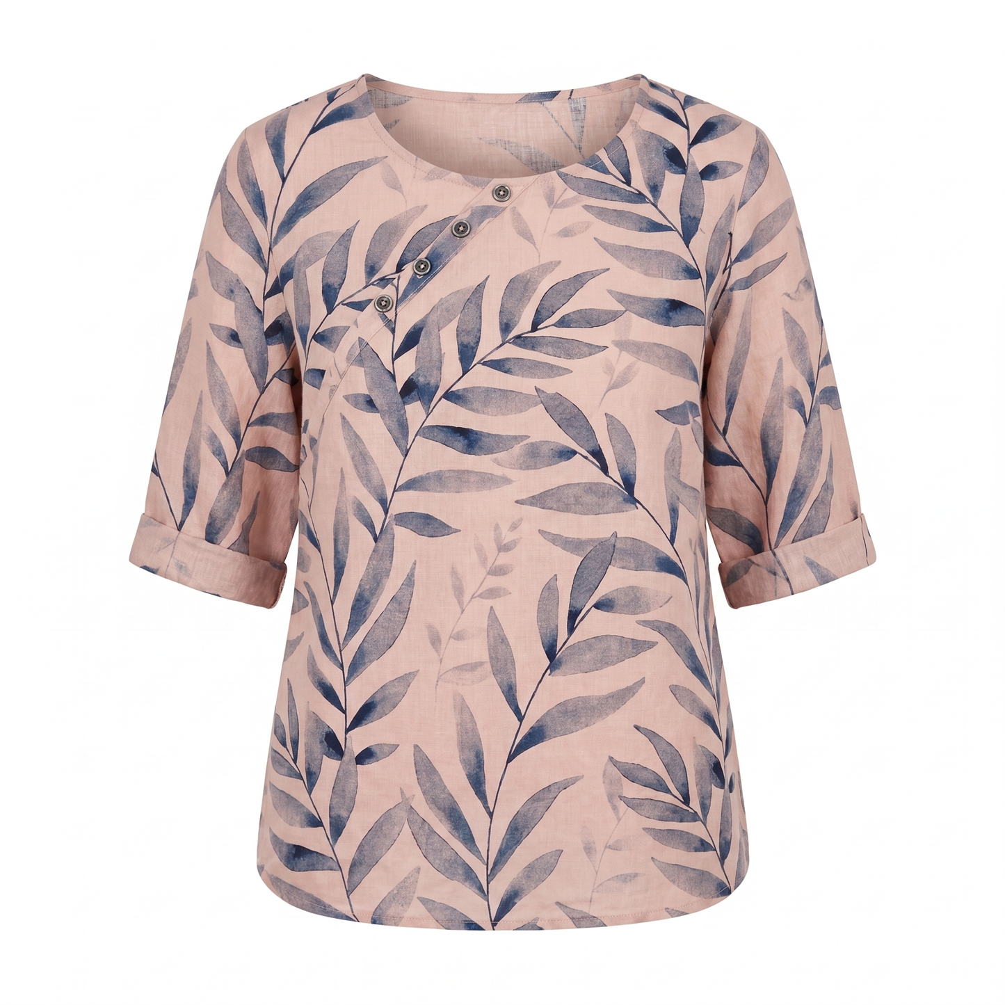 Effortless Leaf Print Linen Blouse for Women with Round Neck Elbow Sleeve Button Placket Relaxed Style