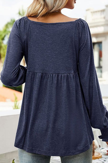Effortless Babydoll Tunic Top for Women with V Neck Long Sleeve Smocked Cuff Peplum Style