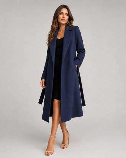 Elegant Navy Wool Coat for Women with Notch Lapel Long Sleeve Belted Flowing Style