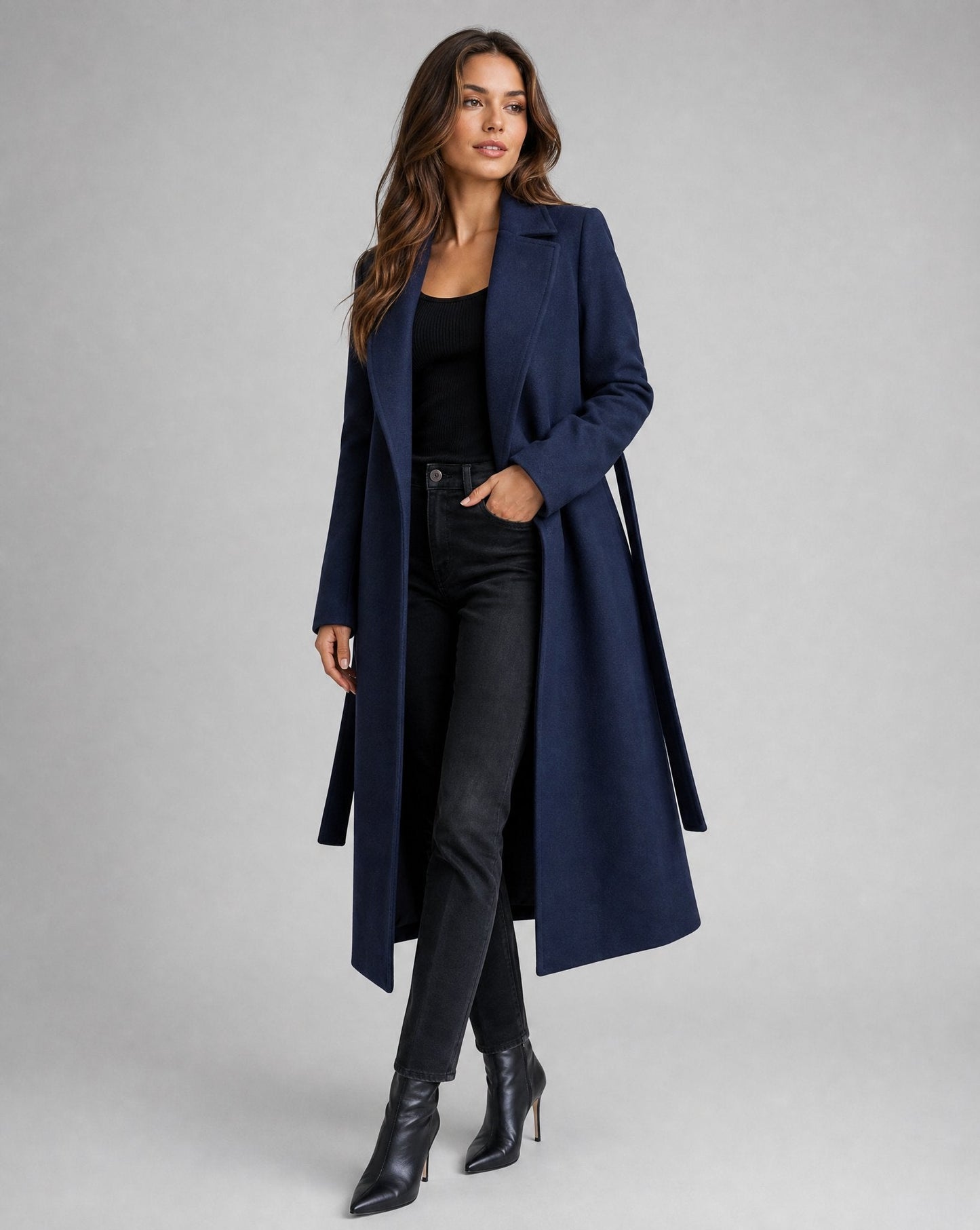 Elegant Navy Wool Coat for Women with Notch Lapel Long Sleeve Belted Flowing Style