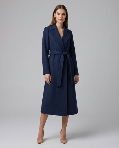 Elegant Navy Wool Coat for Women with Notch Lapel Long Sleeve Belted Flowing Style