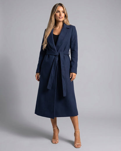 Elegant Navy Wool Coat for Women with Notch Lapel Long Sleeve Belted Flowing Style