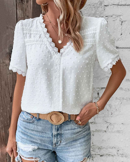 Effortless Swiss Dot Blouse for Women with V Neck Short Sleeve Lace Trim Boho Style