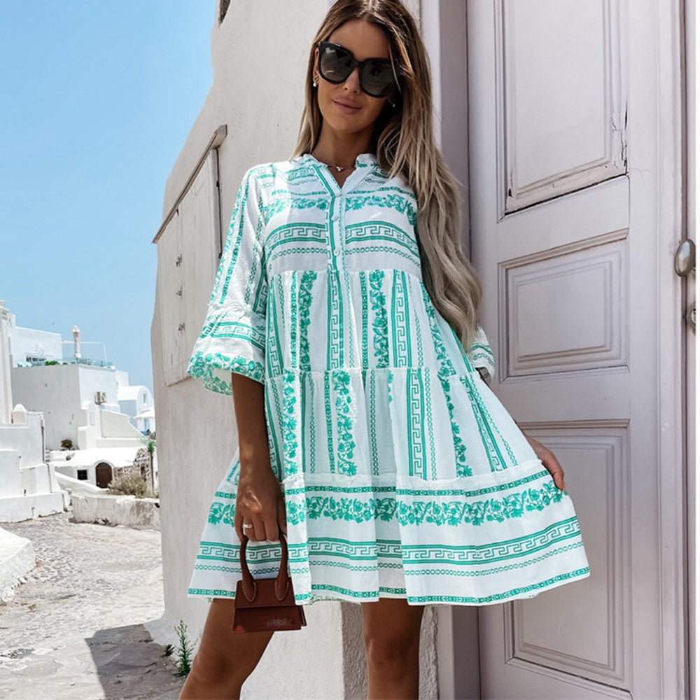 Effortless Printed Tiered Mini Dress for Women with V Neck Bell Sleeve Button Front Bohemian Style