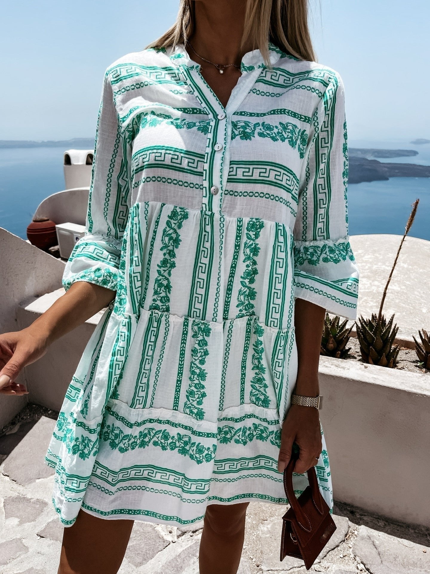 Effortless Printed Tiered Mini Dress for Women with V Neck Bell Sleeve Button Front Bohemian Style