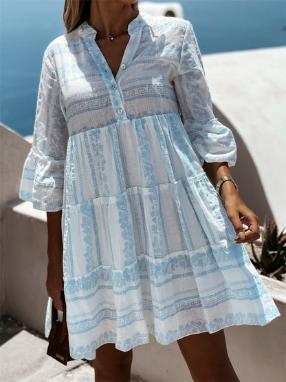Effortless Printed Tiered Mini Dress for Women with V Neck Bell Sleeve Button Front Bohemian Style