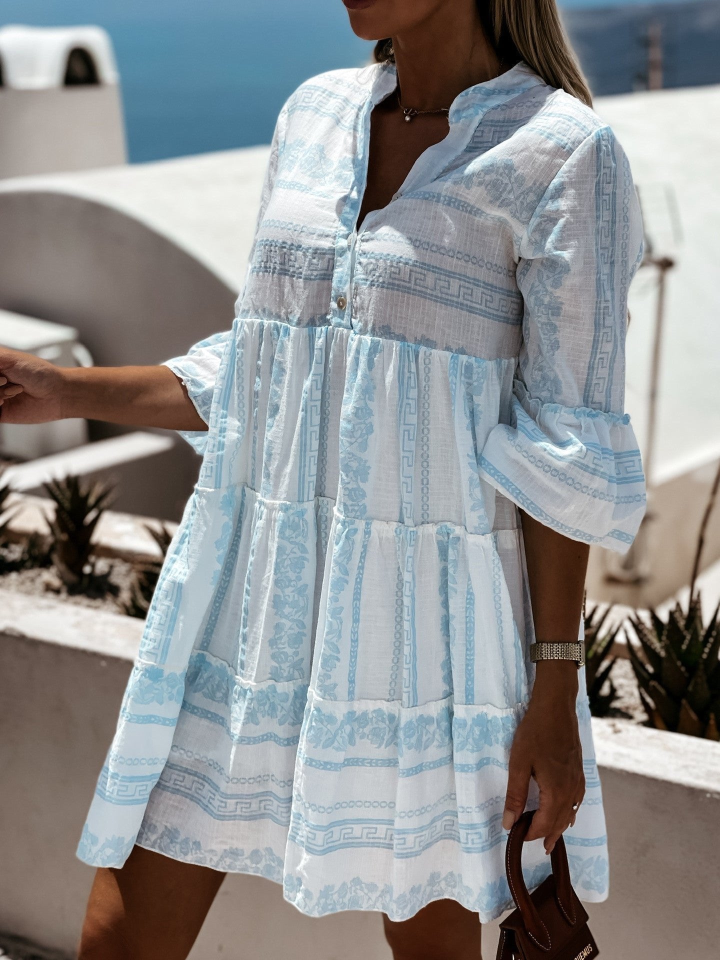 Effortless Printed Tiered Mini Dress for Women with V Neck Bell Sleeve Button Front Bohemian Style