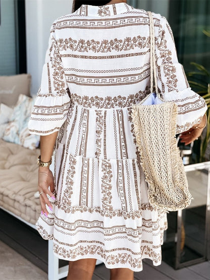 Effortless Printed Tiered Mini Dress for Women with V Neck Bell Sleeve Button Front Bohemian Style