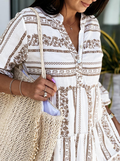 Effortless Printed Tiered Mini Dress for Women with V Neck Bell Sleeve Button Front Bohemian Style