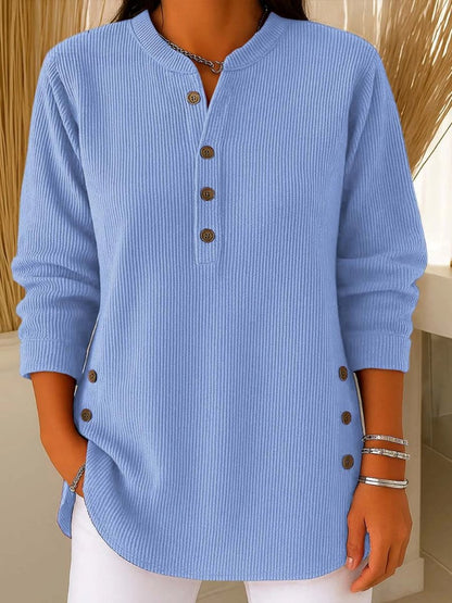 Effortless Ribbed Knit Tunic for Women with Split Neck Long Sleeve Button Trim Relaxed Style