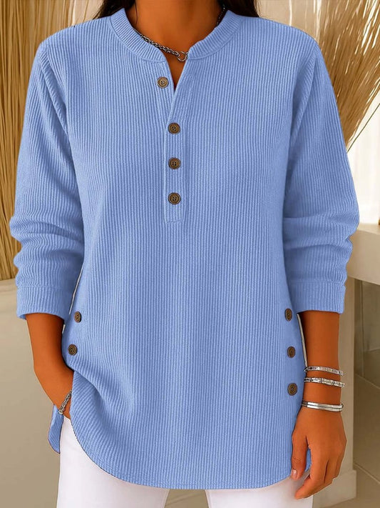 Effortless Ribbed Knit Tunic for Women with Split Neck Long Sleeve Button Trim Relaxed Style
