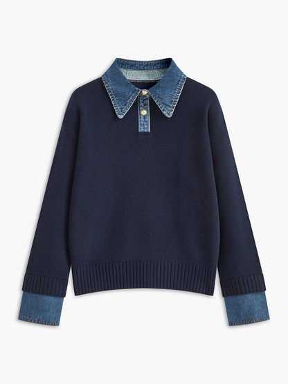 Effortless Denim Trim Polo Sweater for Women with Collar Long Sleeve Contrast Cuff Relaxed Knit Style