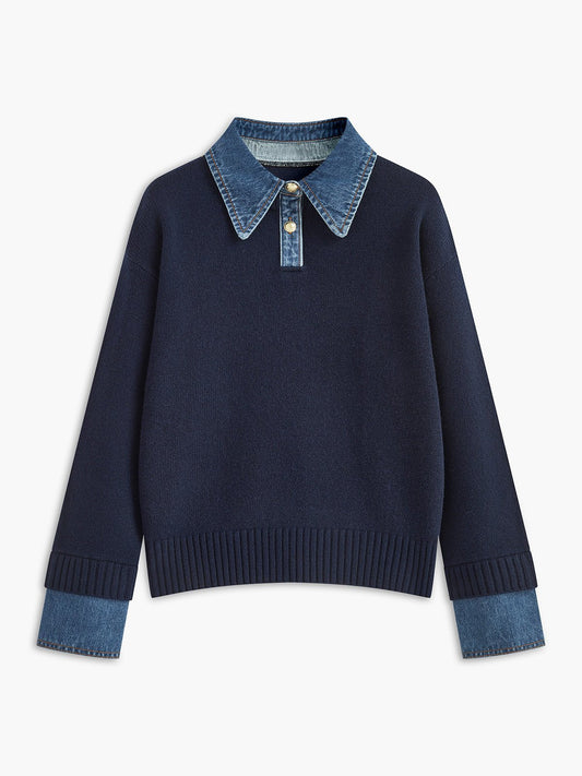 Effortless Denim Trim Polo Sweater for Women with Collar Long Sleeve Contrast Cuff Relaxed Knit Style