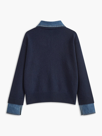 Effortless Denim Trim Polo Sweater for Women with Collar Long Sleeve Contrast Cuff Relaxed Knit Style