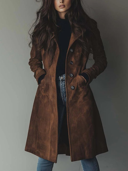 Effortless Suede Trench Coat for Women with Notch Lapel Long Sleeve Button Front Relaxed Style