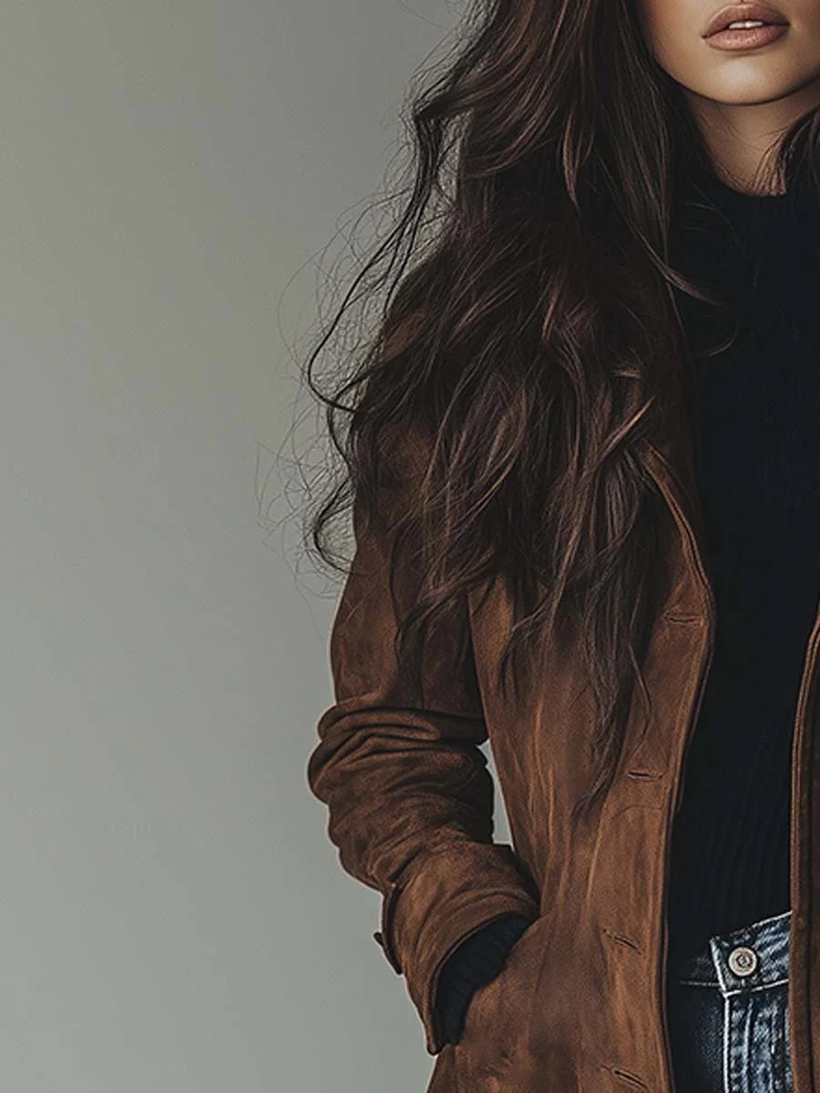 Effortless Suede Trench Coat for Women with Notch Lapel Long Sleeve Button Front Relaxed Style