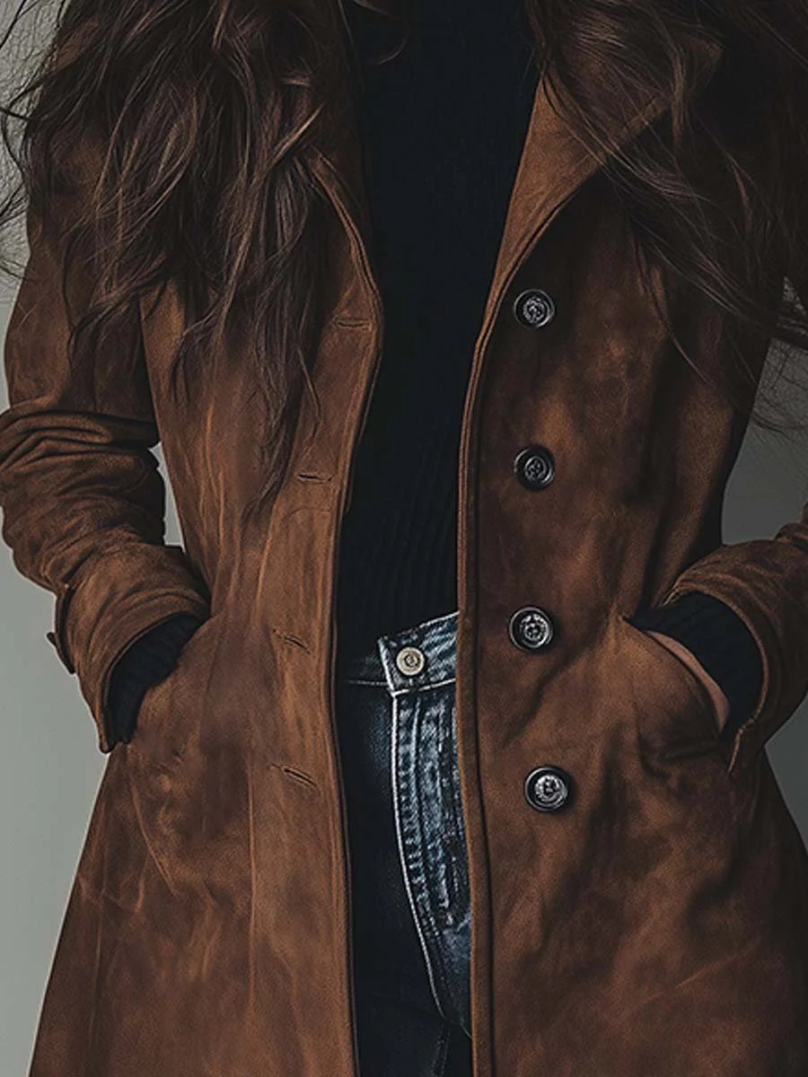Effortless Suede Trench Coat for Women with Notch Lapel Long Sleeve Button Front Relaxed Style