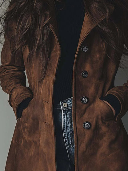 Effortless Suede Trench Coat for Women with Notch Lapel Long Sleeve Button Front Relaxed Style
