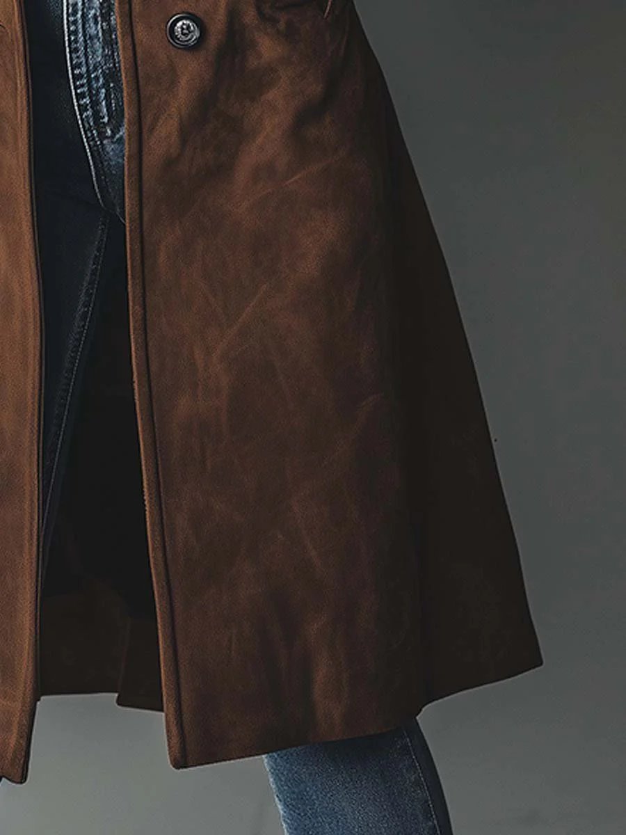 Effortless Suede Trench Coat for Women with Notch Lapel Long Sleeve Button Front Relaxed Style