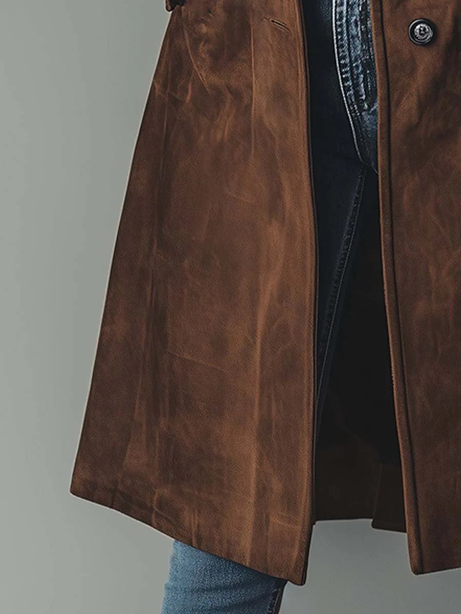 Effortless Suede Trench Coat for Women with Notch Lapel Long Sleeve Button Front Relaxed Style