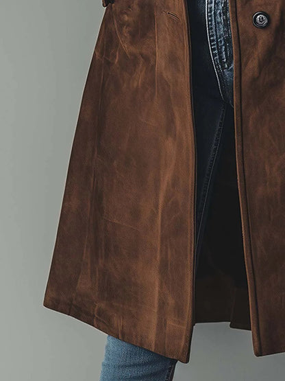 Effortless Suede Trench Coat for Women with Notch Lapel Long Sleeve Button Front Relaxed Style