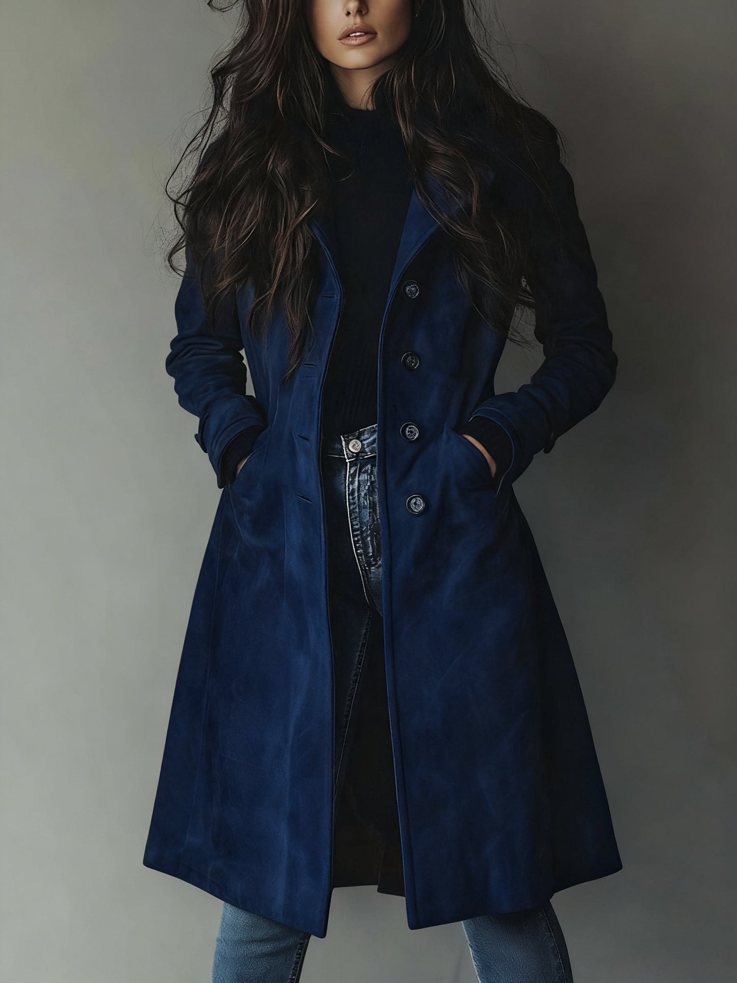 Effortless Suede Trench Coat for Women with Notch Lapel Long Sleeve Button Front Relaxed Style