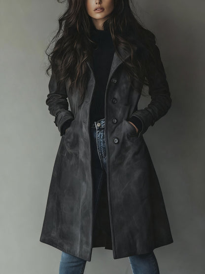Effortless Suede Trench Coat for Women with Notch Lapel Long Sleeve Button Front Relaxed Style