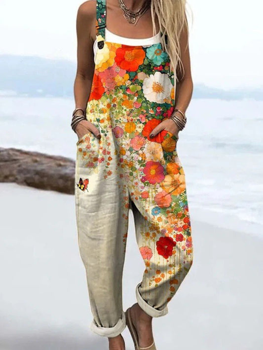 Effortless Multicolour Floral Jumpsuit for Women with Square Neck Sleeveless Wide Leg Relaxed Bohemian Style
