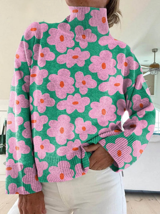 Comfortable Multicolor Floral Print Sweater for Women with Turtleneck Long Sleeve Relaxed Oversized Knit Style
