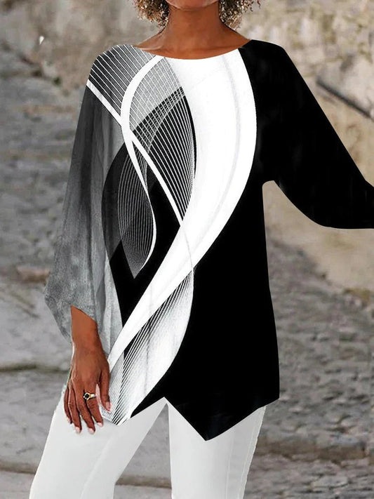 Effortless Black and White Geometric Print Tunic Top for Women with Round Neck Batwing Sleeve Asymmetrical Hem Casual Style
