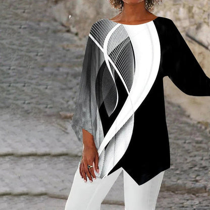 Effortless Black and White Geometric Print Tunic Top for Women with Round Neck Batwing Sleeve Asymmetrical Hem Casual Style