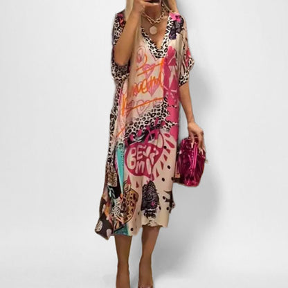 Effortless Leopard Print Kaftan Midi Dress for Women with V Neck Batwing Sleeve Flowing Bohemian Style