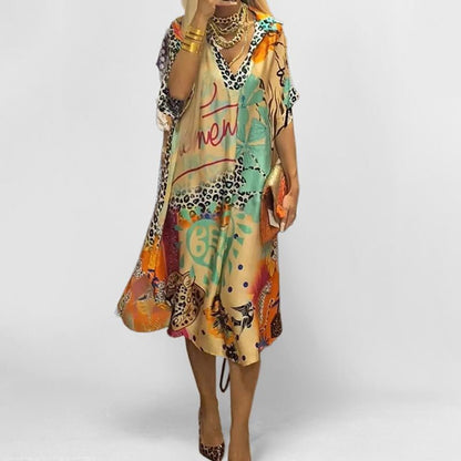 Effortless Leopard Print Kaftan Midi Dress for Women with V Neck Batwing Sleeve Flowing Bohemian Style